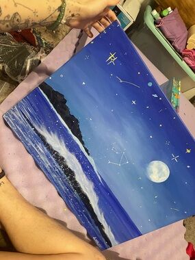 Hand-Painted Night Ocean Canvas Art - Blue Moon Seascape (Big)